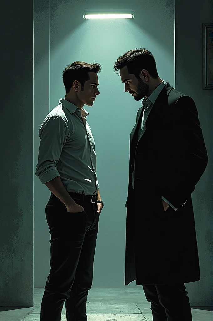 two men arguing on a table, a man in a suit sat across a man in a black leather trench coat, table, dark room, close up, faces