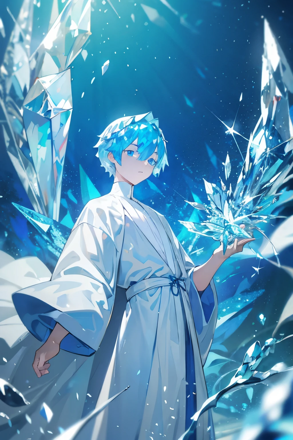 Guy, blue short hair, crystalline but elastic, blue eyes, medieval clothes, white robe