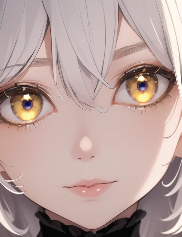 (masterpiece, best quality, high quality, highres, ultra-detailed),1girl,solo,beautiful eyes,white hair,golden eyes,short hair,ahoge,close up,happy,one eye closed,