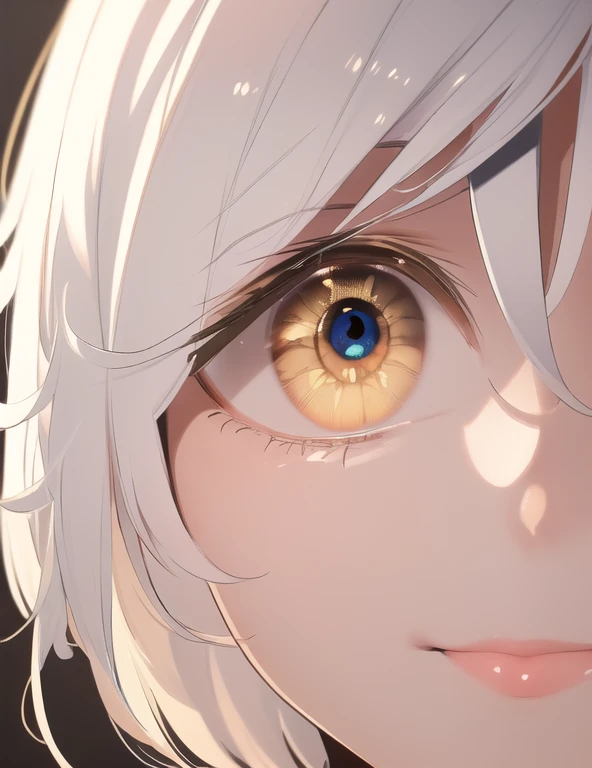 (masterpiece, best quality, high quality, highres, ultra-detailed),1girl,solo,beautiful eyes,white hair,golden eyes,short hair,ahoge,close up,happy,one eye closed,