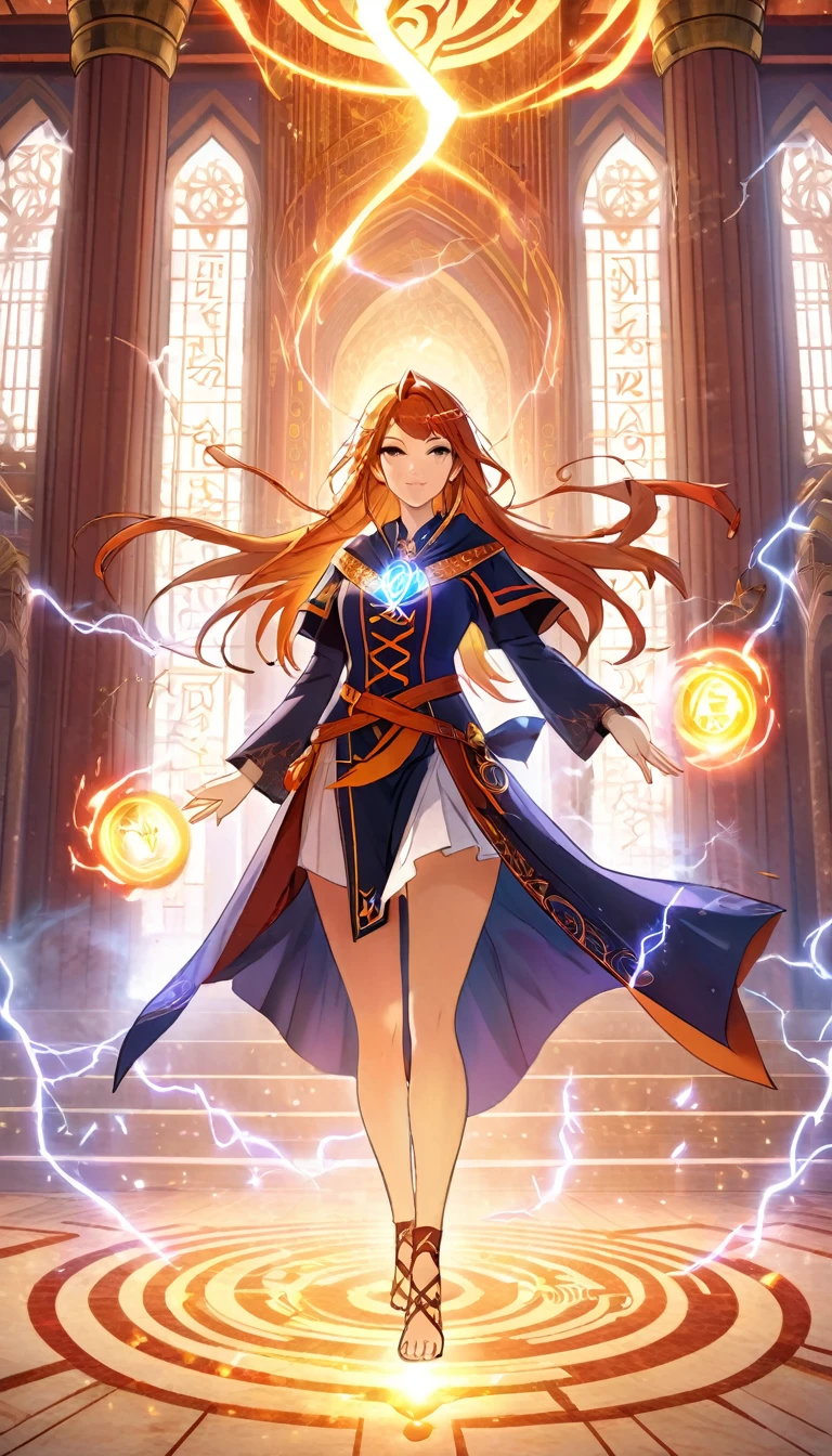 A powerful sorceress summoning glowing, swirling elements of fire and lightning, standing in a grand temple with magical runes glowing beneath her feet