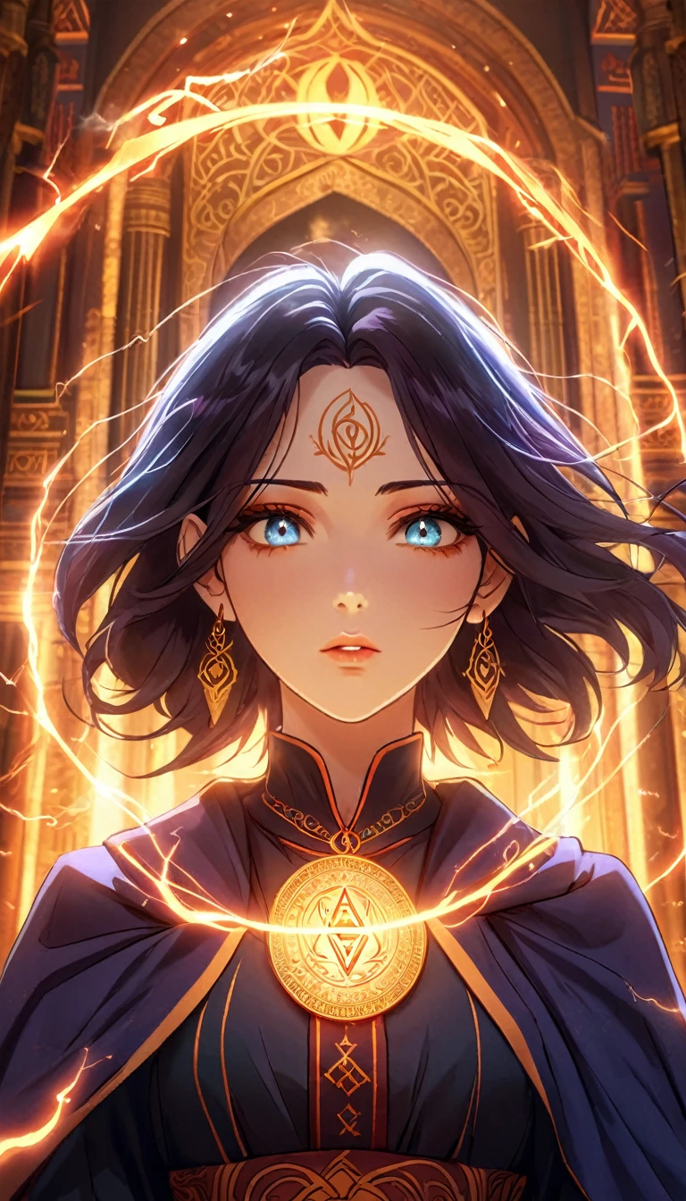 A powerful sorceress, detailed face, beautiful eyes, intricate magical runes, glowing swirling elements of fire and lightning, grand temple interior, dramatic lighting, cinematic composition, epic fantasy, hyper realistic, 8k, masterpiece