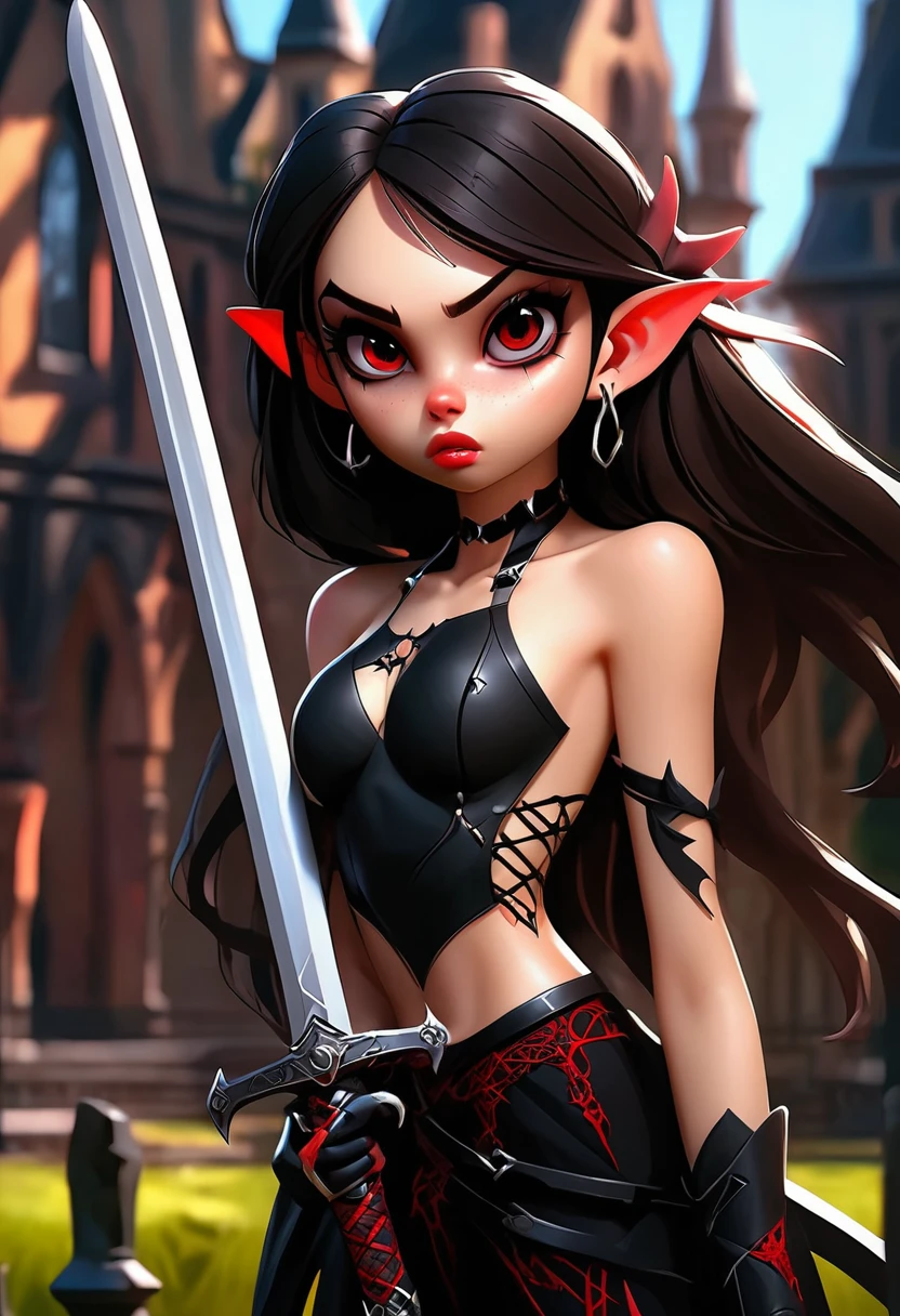 beautiful demonic girl in city park, holding huge sword, extremely hot and sexy, detailed eyes, lips, eyelashes, 1girl, digital painting, cinematic lighting, dramatic shadows, moody colors, dark fantasy, masterpiece, 8k, photorealistic