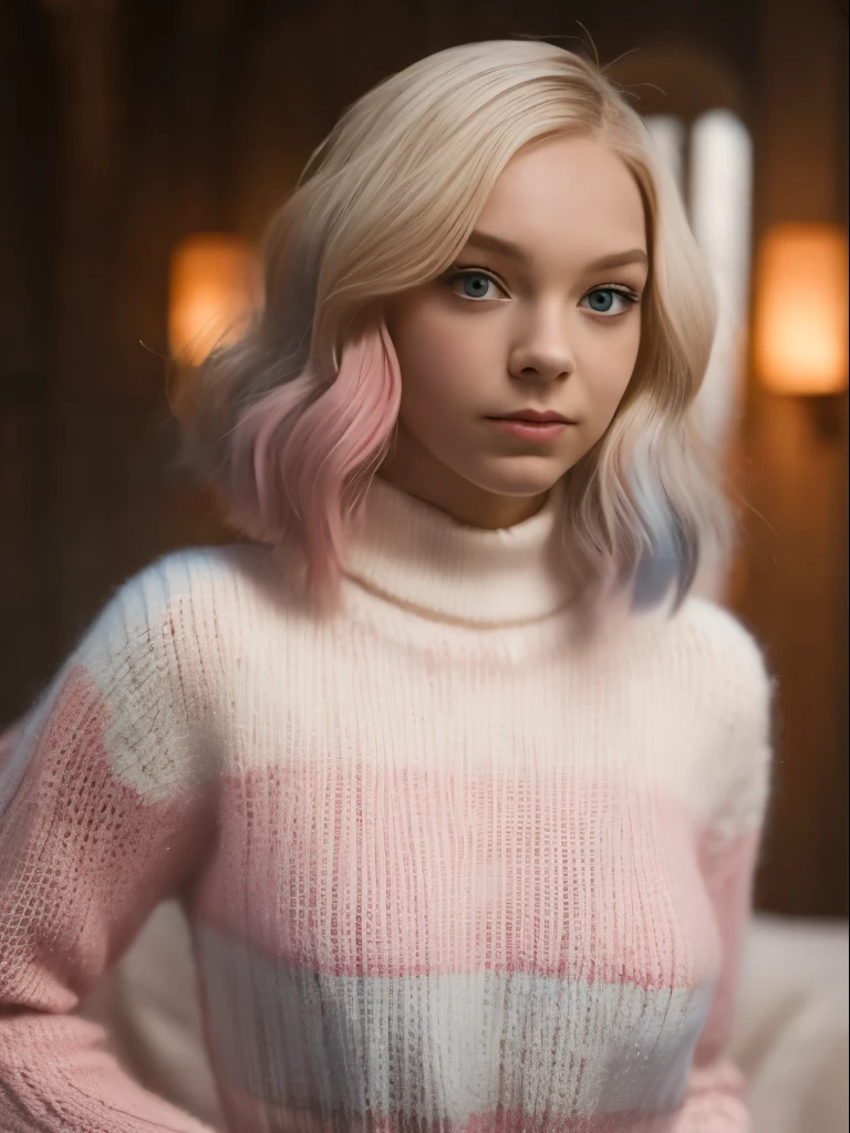 Emma Myers est une jeune femme aux cheveux blancs et rouge au bout rose et elle est sexy et belle