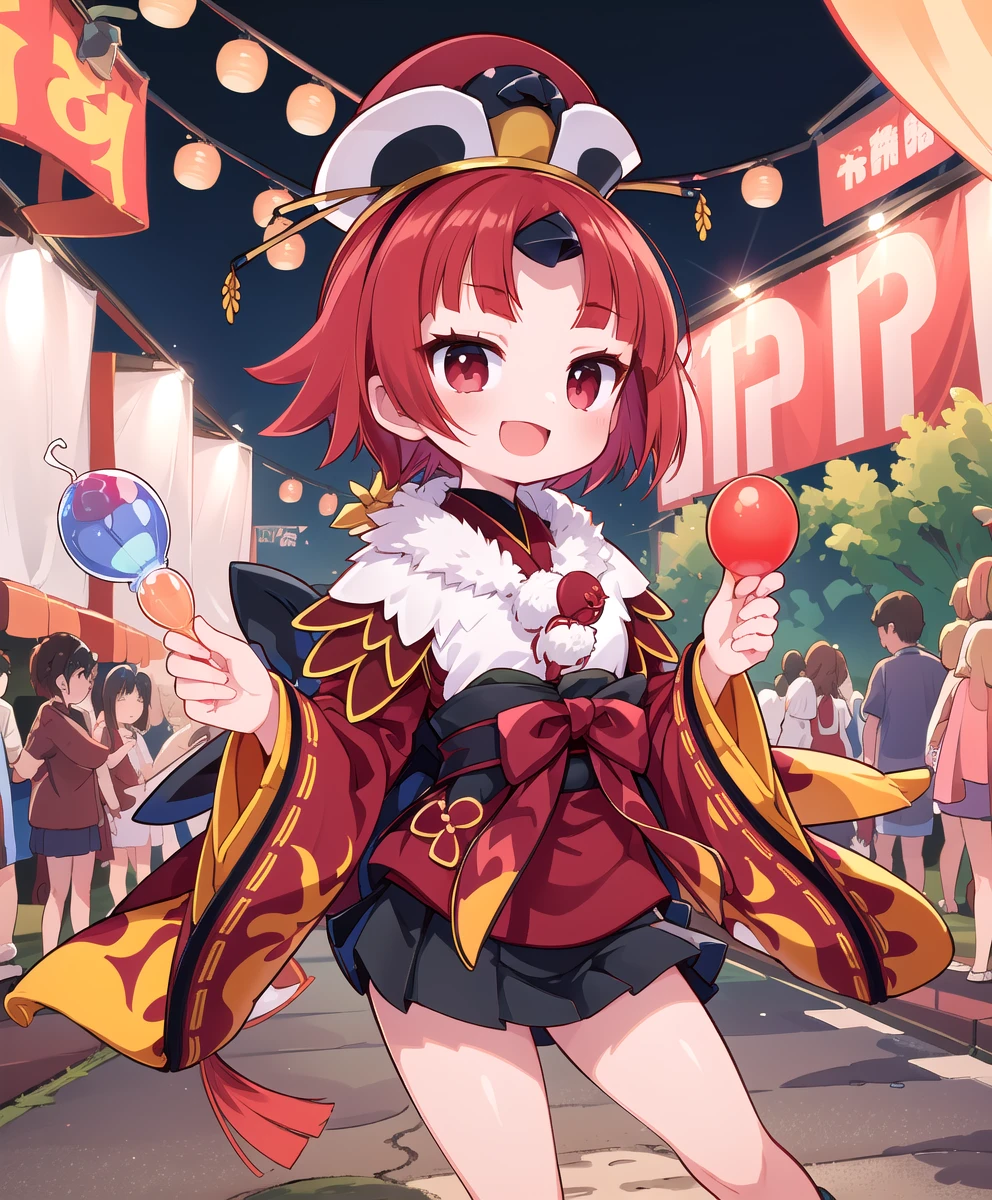 ((masterpiece,best quality:1.2)),((Summer festiva:1.4)),night,magnificent panorama view,Holding a small water balloon,smile,1girl,be_nienma,wide sleeves, short hair,((red japanese clothes:1.2)),red hair, parted sleeves past wrists,Small 2つのpom-poms,Black 帯,Black mini skirt,ribbon,hat