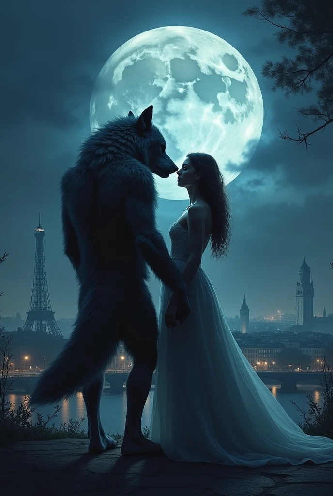 Create an image of a werewolf and a human woman gazing at the full moon over Paris 