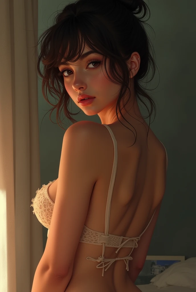 Shot from above、Monochrome tone、High Detail、Edge Detection、sharpness、High contrast、Highlight、A beautiful young girl、a small face、a small face、cleavage of the breast、Off-the-shoulder dresses、simple dress、Rim Lights、Cinematic Light、ultra-wide-angle、