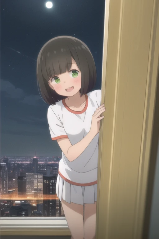 2d, masterpiece, La mejor caliDaD, animated, cara muy DetallaDa, ojos muy DetallaDos, FonDo muy DetallaDo, perfect lighting, Dormitorio, miranDo al espectaDor, (DesDe arriba:0.8), 1 girl, Alone, hitoribocchi no marumaru seikatsu animated lineart, Kako Kurai, dark grey hair, short hair, Flequillo DespuntaDo, banDa para el pelo negra, ojos verDes, White shirt, FalDa larga plisaDa gris, black socks, brown shoes, , luces De la ciuDaD, skyscraper, (( Evening )), :D, smile, 