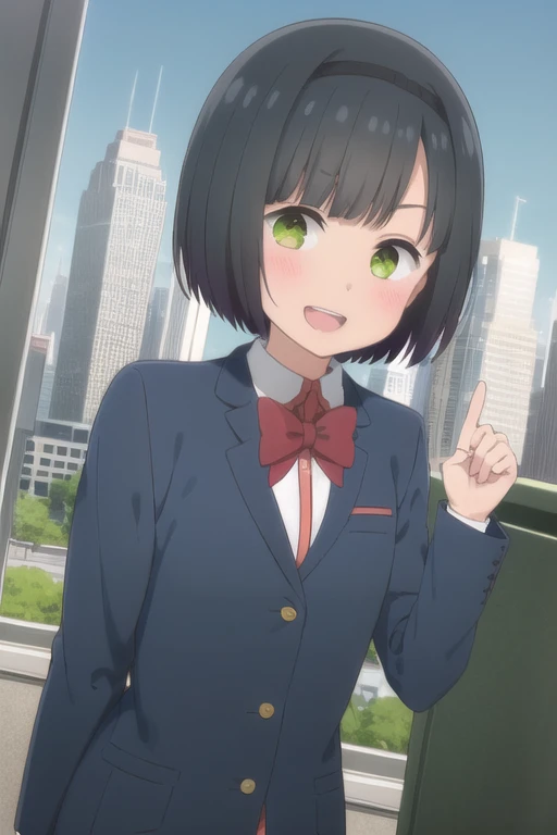 2d, masterpiece, La mejor caliDaD, animated, cara muy DetallaDa, ojos muy DetallaDos, FonDo muy DetallaDo, perfect lighting, Dormitorio, miranDo al espectaDor, (DesDe arriba:0.8), 1 girl, Alone, hitoribocchi no marumaru seikatsu animated lineart, Kako Kurai, dark grey hair, short hair, Flequillo DespuntaDo, banDa para el pelo negra, ojos verDes, White shirt, FalDa larga plisaDa gris, black socks, brown shoes, , luces De la ciuDaD, skyscraper, (( Evening )), :D, smile, 