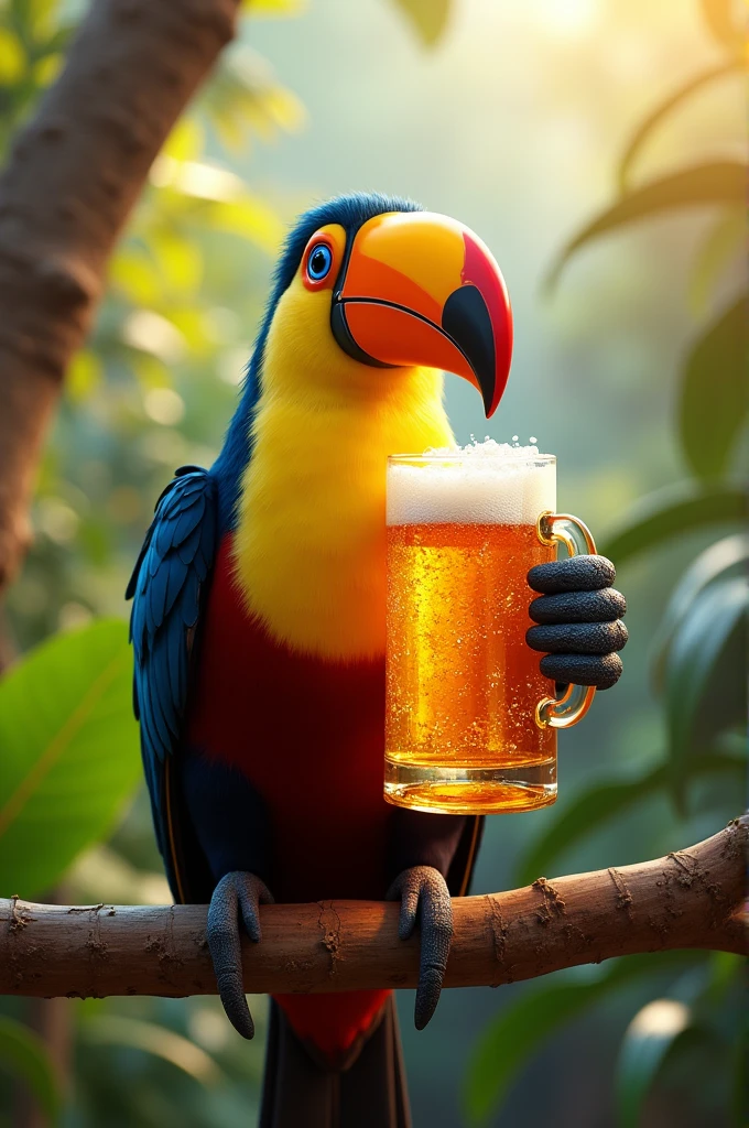 animal, (parrot with cowboy hat), looking curious, straw in hand, beer bottle in background,
upset and bored expression, cartoon,
highly detailed, 4k