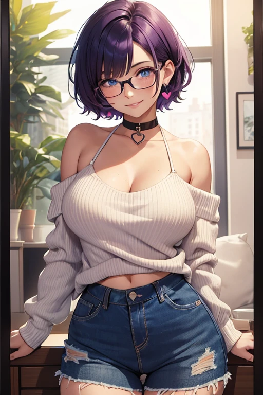 1girl, extremely detailed portrait, beautiful young girl, purple hair, blue eyes, short hair, freckles, framed eyeglasses, heart shaped choker, happy expression, smiling, blushing, thick full lips, gigantic breasts, extreme cleavage, very thin body, virgin destroyer sweater, sleeveless, bare arms, high heels, detailed bedroom background, (best quality,4k,8k,highres,masterpiece:1.2),ultra-detailed,(realistic,photorealistic,photo-realistic:1.37),vibrant colors,soft lighting