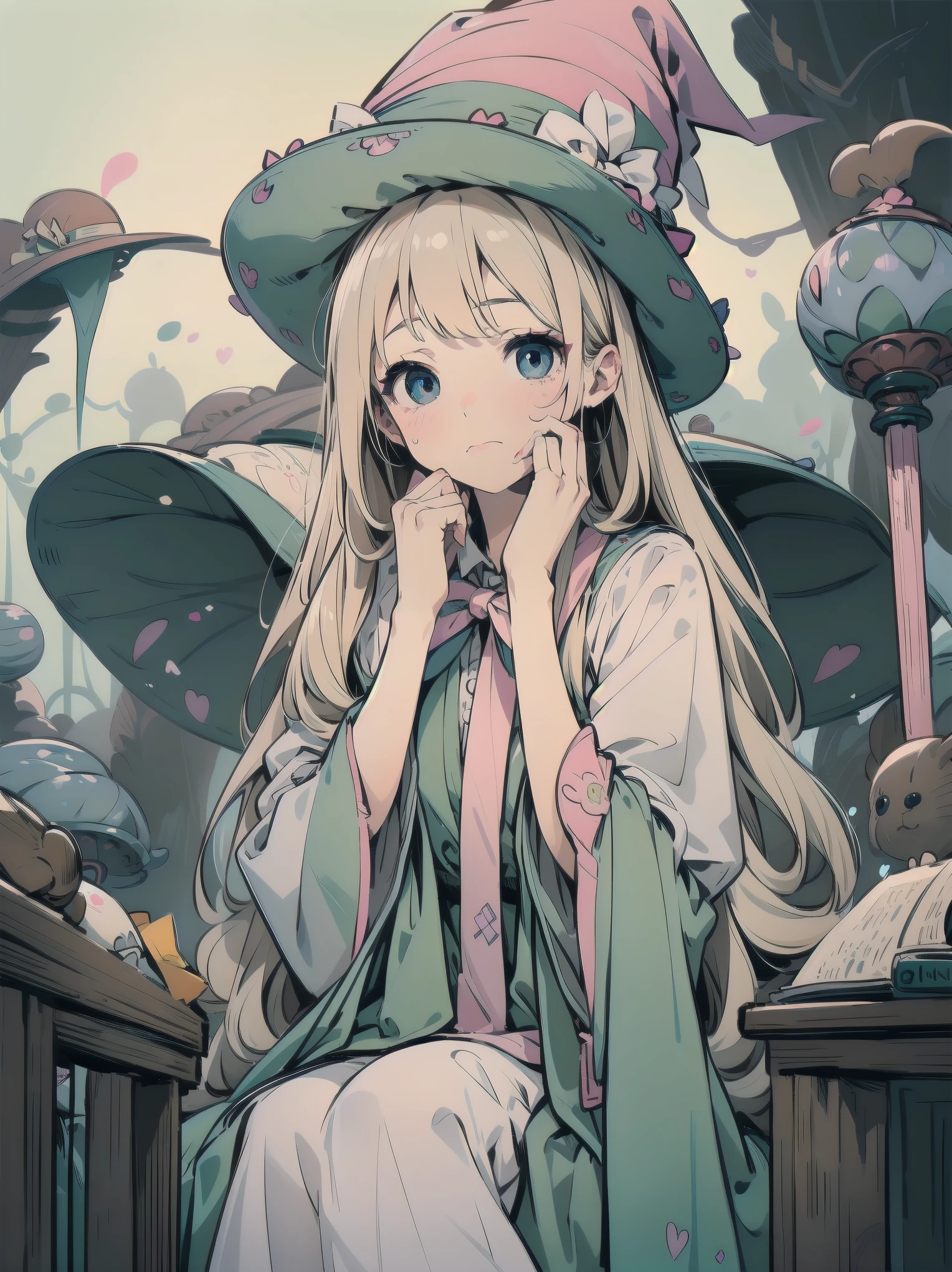 🎶, (🧙‍♀️), ✡, ✨(hat), , Alice in Wonderland, Alone, very beautiful, cute, adorable, embarrassed, alone, blue eyes, look at viewer, looking up, kawaii tech, pastel colors, kawaii, cute colors, Alice in Wonderland, alone, very beautiful, cute, adorable, embarrassed, alone, blue eyes