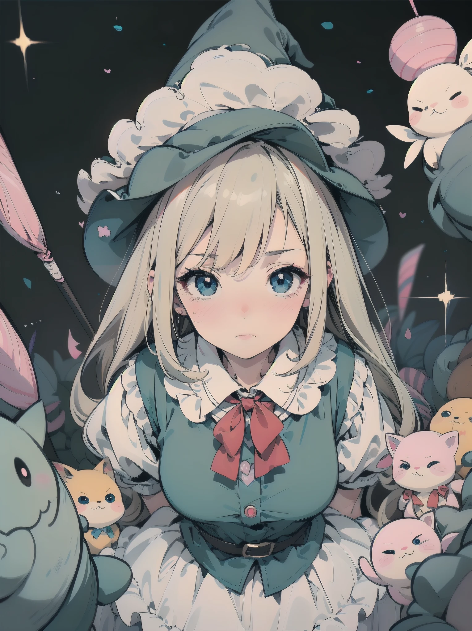 🎶, (🧙‍♀️), ✡, ✨(hat), , Alice in Wonderland, Alone, very beautiful, cute, adorable, embarrassed, alone, blue eyes, look at viewer, looking up, kawaii tech, pastel colors, kawaii, cute colors, Alice in Wonderland, alone, very beautiful, cute, adorable, embarrassed, alone, blue eyes