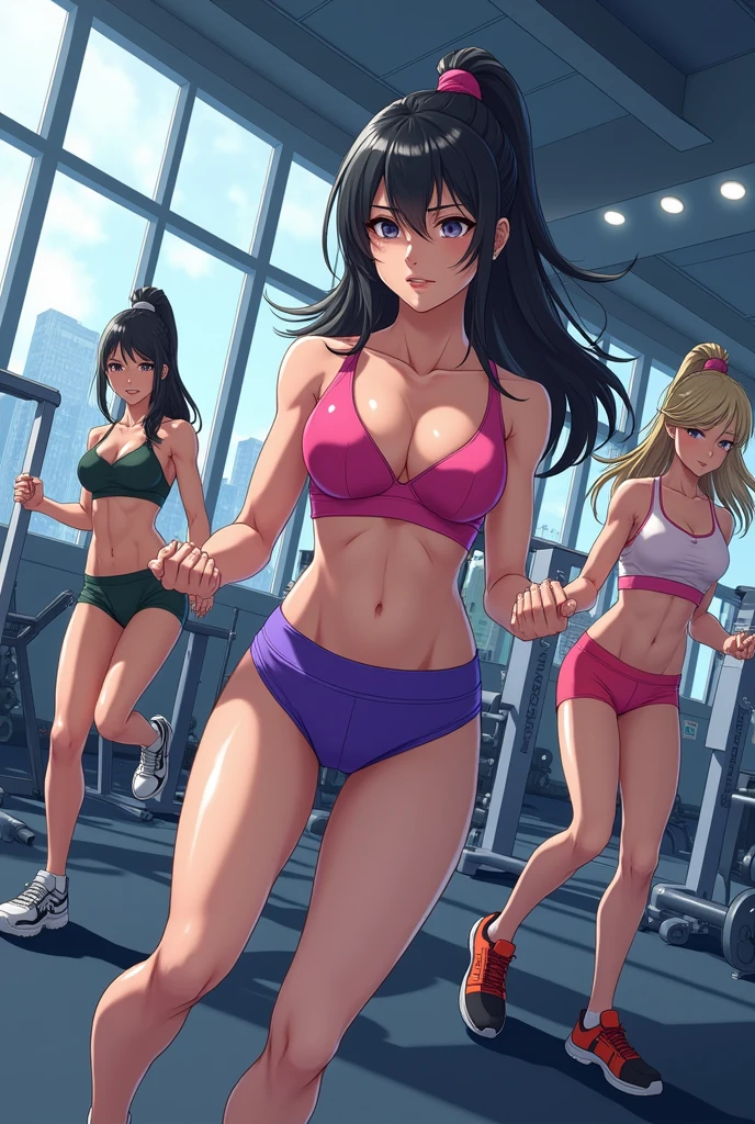 (best quality, In 4K, 8K, High resolution, muste piece:1.2),3girls,Super detailed,30 years old woman,ripe woman, woman,,muster piece, Top quality, Ultra-fine,maximum resolution, Extremely detailed, sexy,biful eyes,((gym uniform,pantyline,breasts,sleevelin,exercise,ponytail,exercise,wait lifting,ass,cleavage,looking tugh eductive thighs,navel,in gym