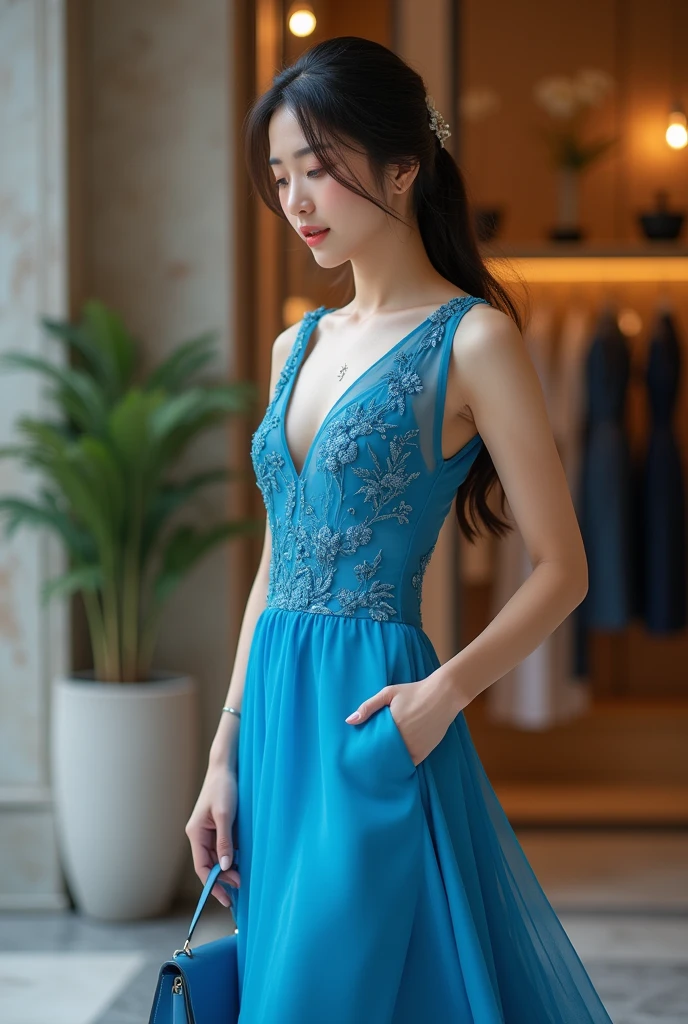 1girl,baiyi,large breast,Blue lips,smile,ponytail,realistic, 1 girl, indonesian girl, 23 years old, (black hair super-long 1 meters), (very beautiful face, very sweet, sharp eyes like an angel from heaven ), (beautiful hair), actress, smile, shiny skin, best quality, masterpiece, (photorealistic:1.4), terrace seating, asian, indonesian, jakarta, denim long skirt (realistic fabric), white short sleeves (cotton fabric), (no logo), thin fingers, a woman in a red dress posing for a picture in a courtyard, a picture by Emma Andijewska, tumblr, tachisme, sexy gown, opened dress, wearing an elegant dress, fantasy long intricate gown, sexy dress, dressed beautiful gown, red gown, wearing a magnificent dress, dressed in red lace, translucent dress, extravagant dress, see through dress