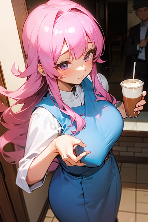 (masterpiece, best quality, detailed, realistic, highres:1.2), african american woman, ager, (gigantic breasts:1.7), (bursting breasts:1.3), (nervous smile:1.3), shy, withdrawn, milkshake parlour, holding a milkshake, braided hair