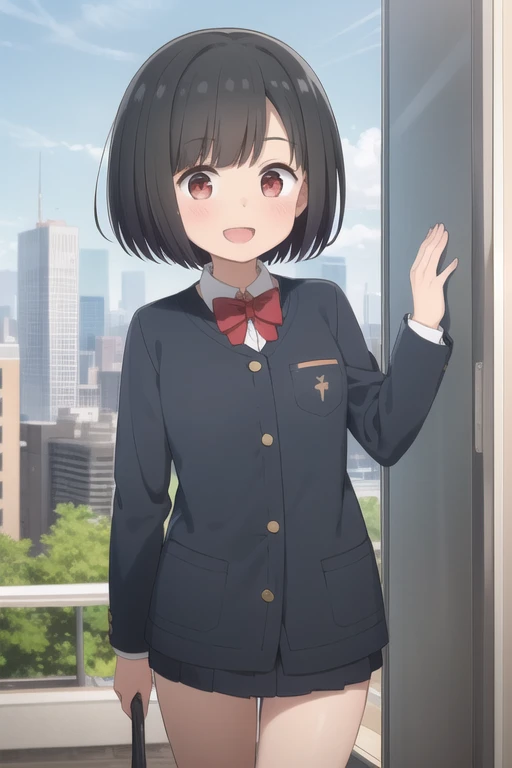 2d, masterpiece, La mejor caliDaD, animated, Rostro muy DetallaDo, ojos muy DetallaDos, FonDo muy DetallaDo, perfect lighting, Dormitorio, miranDo al espectaDor, (DesDe arriba:0.8), 1 girl, Alone, hitoribocchi no marumaru seikatsu animated lineart, Kako Kurai, dark grey hair, short hair, Flequillo DespuntaDo, banDa para el pelo negra, ojos verDes, White shirt, FalDa larga plisaDa gris, black socks, brown shoes, , luces De la ciuDaD, skyscraper, (( Evening )), :D, smile, 