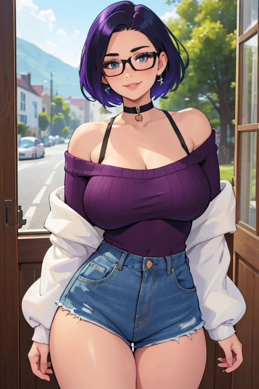 a beautiful young girl with short purple hair and blue eyes, freckles, framed eyeglasses, heart shaped choker, happy expression, smiling, blushing, thick full lips, huge breasts with extreme cleavage, very thin body, wearing an off-shoulder sweater and tiny jean shorts, in a fancy apartment with a countryside background, detailed background, (best quality,4k,8k,highres,masterpiece:1.2),ultra-detailed,(realistic,photorealistic,photo-realistic:1.37)