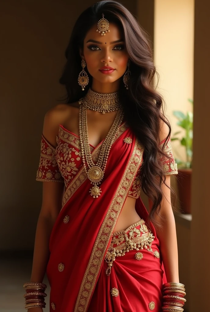 1 girl in, 20 year, standing alone, long hair, Indian, looking ahead at viewer, hair Brunette, greeneyes, jewerly, whole body, a necklace, Saree, realisitic, A sexy, big boobies