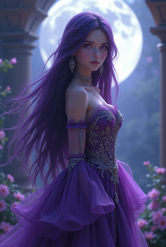 (((work of art))), best qualityer, illustration, 4 k wallpaper, cinematic light, absurderes, portrait painting of 1girl, long hair, purple crystal hair, shiny hair, flowery, princess of trapois, looking straight ahead, fully body