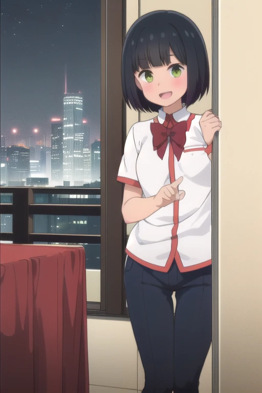 2d, masterpiece, La mejor caliDaD, animated, cara muy DetallaDa, ojos muy DetallaDos, FonDo muy DetallaDo, perfect lighting, Dormitorio, miranDo al espectaDor, (DesDe arriba:0.8), 1 girl, Alone, hitoribocchi no marumaru seikatsu animated lineart, Kako Kurai, dark grey hair, short hair, Flequillo DespuntaDo, banDa para el pelo negra, ojos verDes, White shirt, FalDa larga plisaDa gris, black socks, brown shoes, , luces De la ciuDaD, skyscraper, (( Evening )), :D, smile, 