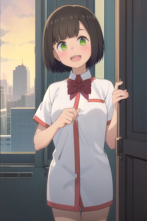 2d, masterpiece, La mejor caliDaD, animated, cara muy DetallaDa, ojos muy DetallaDos, FonDo muy DetallaDo, perfect lighting, Dormitorio, miranDo al espectaDor, (DesDe arriba:0.8), 1 girl, Alone, hitoribocchi no marumaru seikatsu animated lineart, Kako Kurai, dark grey hair, short hair, Flequillo DespuntaDo, banDa para el pelo negra, ojos verDes, White shirt, FalDa larga plisaDa gris, black socks, brown shoes, , luces De la ciuDaD, skyscraper, (( Evening )), :D, smile, 