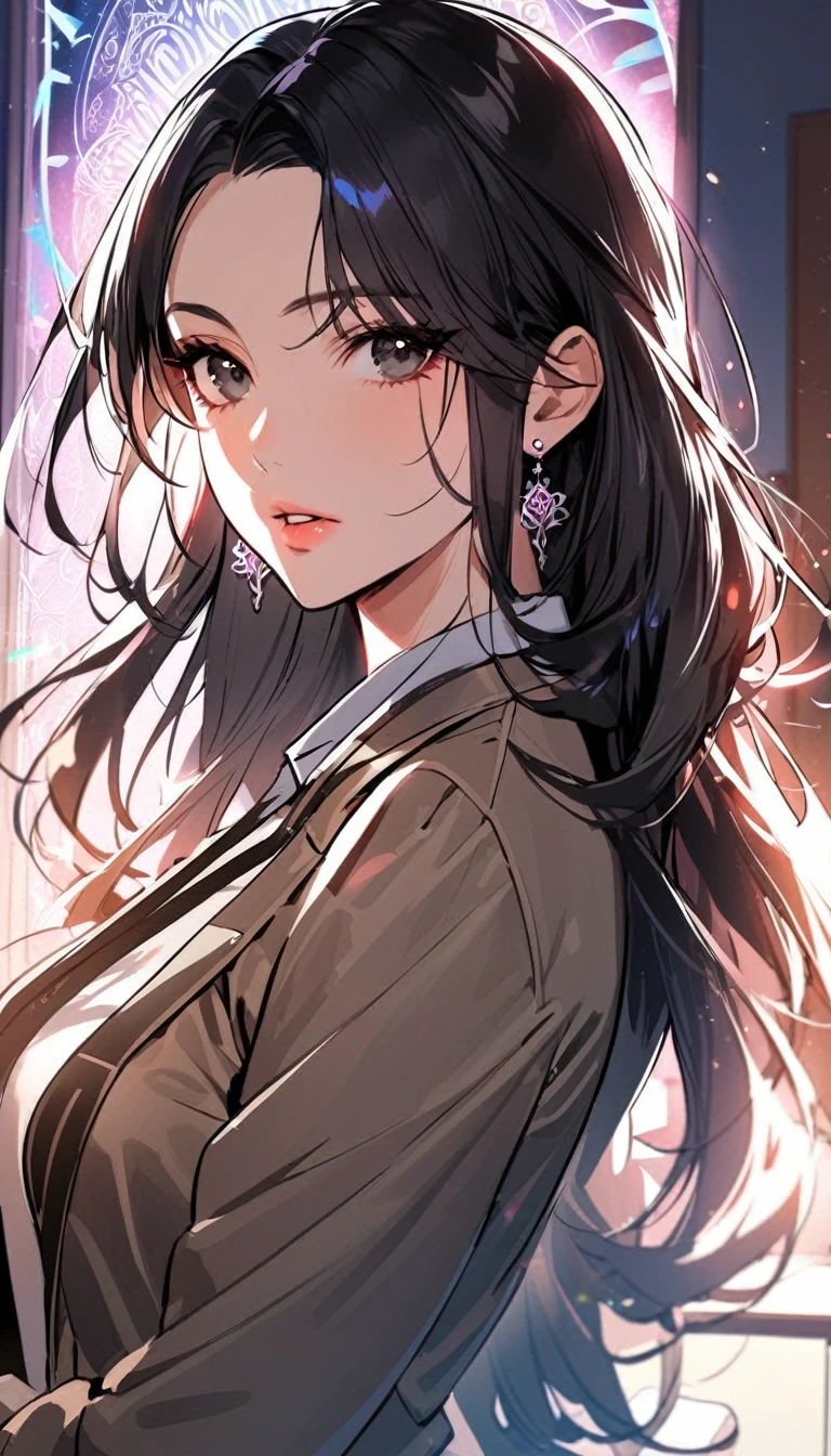 1woman,matured face,curtain hair forehead(long black hair),eyes,black eyes,teacher,teacher outfit, beautiful, colourful classroom background,standing attentive pose, neutral,stoic,wearing an ID card,earrings,juicy full lips,magic circle in the background, portrait , cinematic lighting,