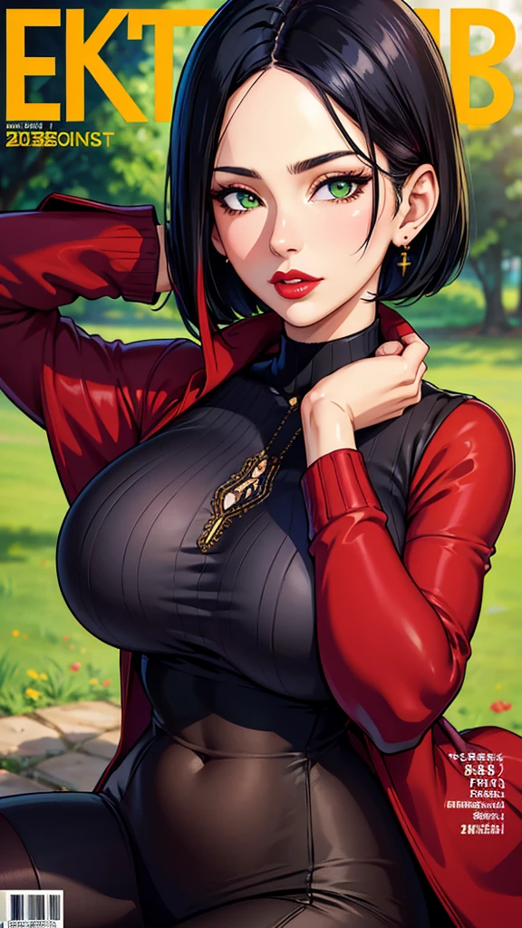 Portrait, magazine cover, outdoors, bokeh background, depth of field, beautiful woman red lips, very short black hair, green eyes, choker, earrings, long-sleeved polo shirt with black turtleneck, (huge breasts) (masterpiece) , (best quality: 1.2), absurd, intricate details, (highly detailed skin: 1.2),