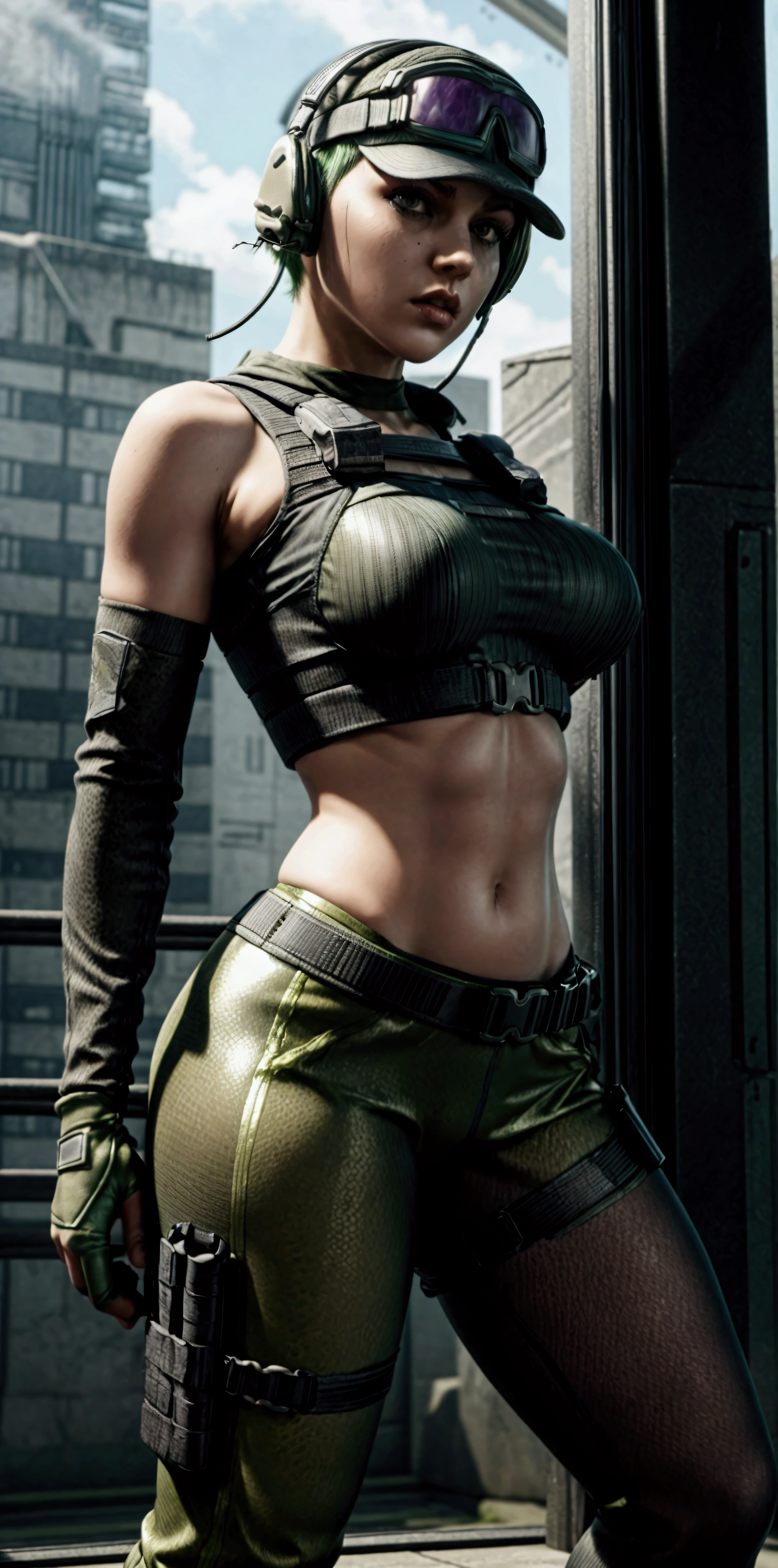 ela rainbow six siege, green short hair, cap, tactical headphones, belts, straps, tight black cloth, sexy pose, thin narrow waist, big sexy breasts, (yoga military shorts), googles, tactical gloves, headset, shirt