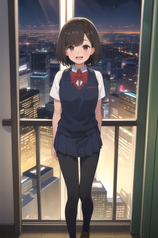 2d, masterpiece, La mejor caliDaD, animated, cara muy DetallaDa, ojos muy DetallaDos, FonDo muy DetallaDo, perfect lighting, Dormitorio, miranDo al espectaDor, (DesDe arriba:0.8), 1 girl, Alone, hitoribocchi no marumaru seikatsu animated lineart, Sunao Nako, dark grey hair, short hair, Flequillo DespuntaDo, banDa para el pelo negra, ojos verDes, White shirt, FalDa larga plisaDa gris, black socks, brown shoes, , luces De la ciuDaD, skyscraper, (( Evening )), :D, smile, 