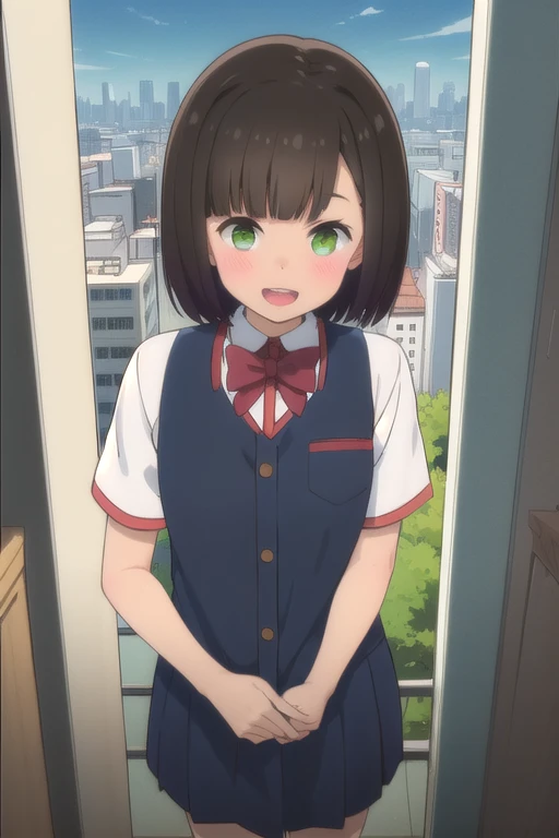 2d, masterpiece, La mejor caliDaD, animated, cara muy DetallaDa, ojos muy DetallaDos, FonDo muy DetallaDo, perfect lighting, Dormitorio, miranDo al espectaDor, (DesDe arriba:0.8), 1 girl, Alone, hitoribocchi no marumaru seikatsu animated lineart, Sunao Nako, dark grey hair, short hair, Flequillo DespuntaDo, banDa para el pelo negra, ojos verDes, White shirt, FalDa larga plisaDa gris, black socks, brown shoes, , luces De la ciuDaD, skyscraper, (( Evening )), :D, smile, 