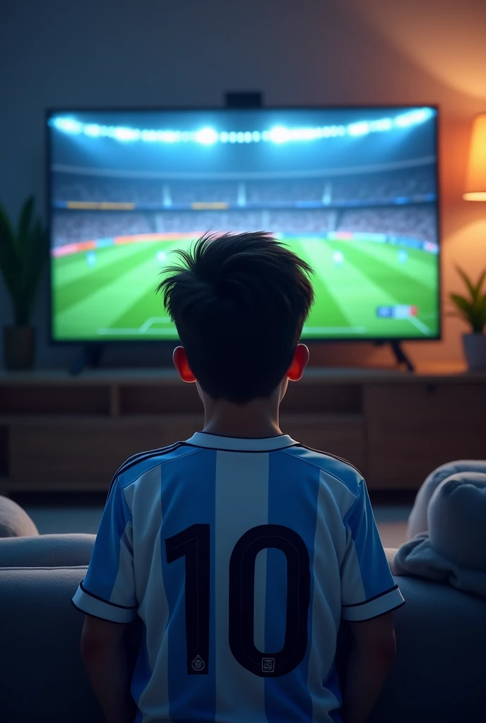 A boy watching Ronaldo on the TV the boy wearing a real Madrid jersey and the boy name is "Zakaria" and the jersey number is 7.