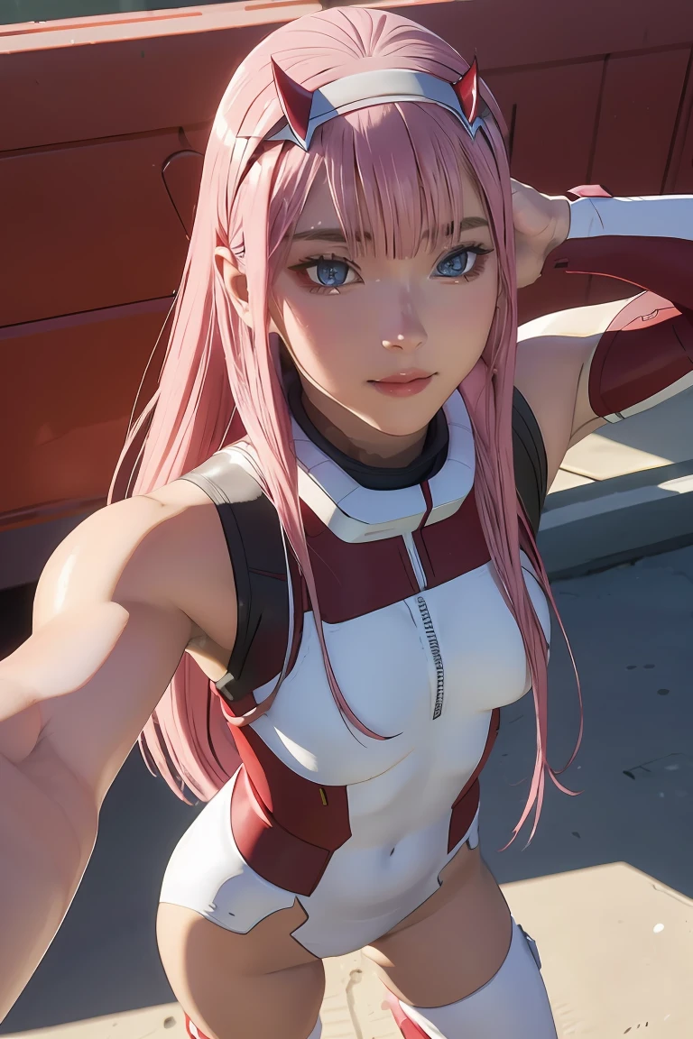 ((best quality)),((highly detailed)),masterpiece,absurdres,detailed face,beautiful face,((detailed eyes, deep eyes)),(1girl),((dynamic pose)), Zero_Two, green eyes, 1girl, solo, red bodysuit, long hair, pilot suit, pink hair, bodysuit, straight hair, hairband, standing, horns, breasts, bangs, closed mouth, looking at viewer, medium breasts, white hairband, skin tight, blunt bangs, makeup, eyeshadow, very long hair, sidelocks, expressionless, hair between eyes, red horns, shiny hair, towards viewer, smile,