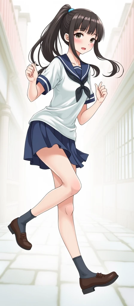 Momoko Koigakubo, a tall woman with beautiful legs, stands in a dark blue sailor uniform with a mini skirt.。
