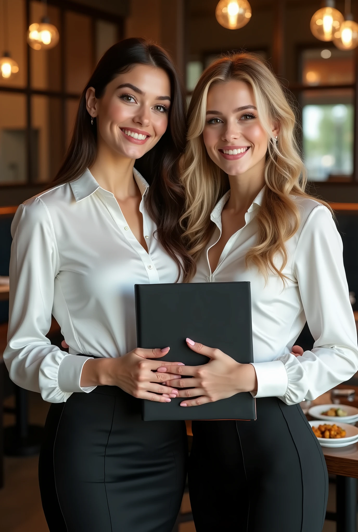 German blonde woman with buttoned shirt sitting in cafe