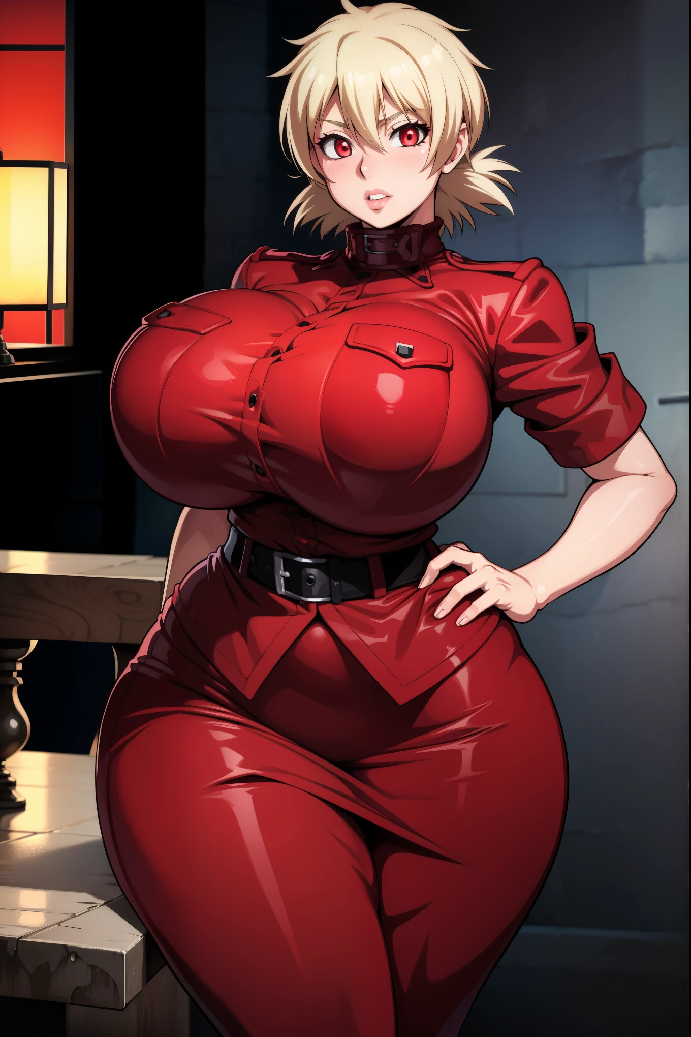 High resolution, Hellsing Ultimate art style, Seras Victoria, 1girl, ((bimbo))), short blond hair, red eyes, puffy lips, thick lips, wide hips, thick thighs, enormous fake breast, huge ass, sexy face, blushing girlfriend, tight police uniform, breasts about burst out of top, red skirt, breasts squeezed together, night time,