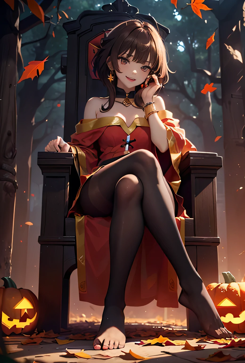 ((1girl, solo ,alone, megumin, short hair, red eyes, brown hair, ((short woman, small bust)), painted nails, gold bracelets, ruby earrings)), ((solo, 1woman, pink lipstick, Extremely detailed, ambient soft lighting, 4k, perfect eyes, a perfect face, perfect lighting, a 1girl)), austere, ((Setting: The woman sits on a throne made of dry branches and fallen leaves, leaves in shades of orange, red, and gold. The surrounding environment may be a forest with trees losing their leaves and a carpet of leaves on the ground.  Giving a footjob. barefeet. ((sitting cross-legged, legs crossed, , smug)). Details: Gentle winds lifting leaves into the air, golden light from the setting sun, and pumpkins scattered around the throne. pantyhose))