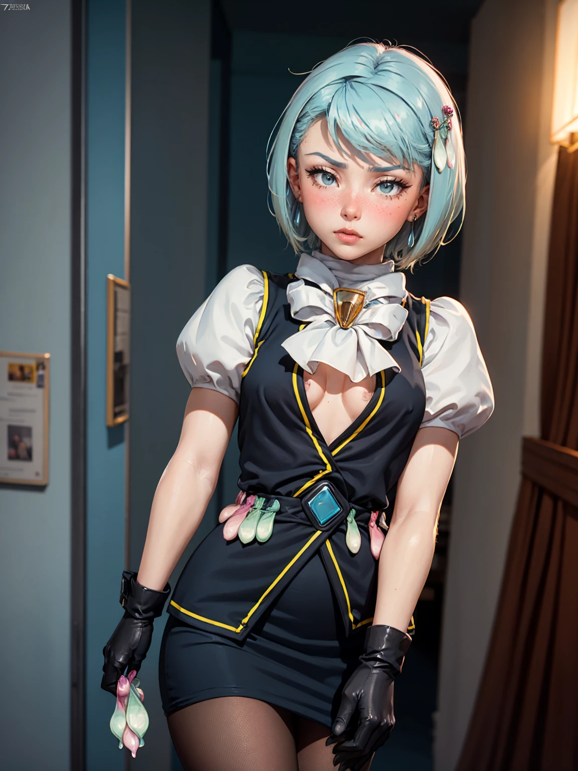 8k, ray tracing, vibrant colors, (aafranziska, light blue hair:1.5), (8 _old:2, (solo:1.5), ascot, black vest, (flat chest:1.4), (bare arms:1.5), pencil skirt, pantyhose, black gloves, jewelry, earrings, slim figure, masterpiece, sharp focus, Best Quality, depth of field, cinematic lighting, very detailed clothes, (condom belt, condom hair ornament:1.4), ((so embarrassed, blush)), perfect eyes, perfect hair, Rich in details and textures, masterpiece, Best Quality, beautiful girl, Sun light, chiaroscuro, (perfect hands:0.7, Clean hands:0.7), ((((Professional photography)))), ((Dream)), Whole body
