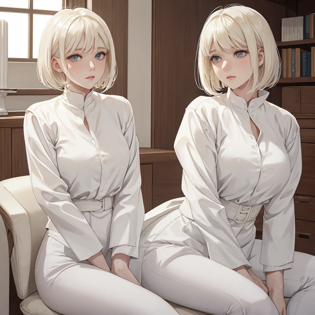 blonde woman in white shirt and white pants sitting on a white surface, white bangs, White hime cut hairstyle, with short hair, cabello whitebangs cabello, pale hair, Whitebangs, extremely pale blond hair, pale round face, a girl with blonde hair, heonhwa choe, Jinyoung Shin, Soft hair, Girl with white hair, with round face