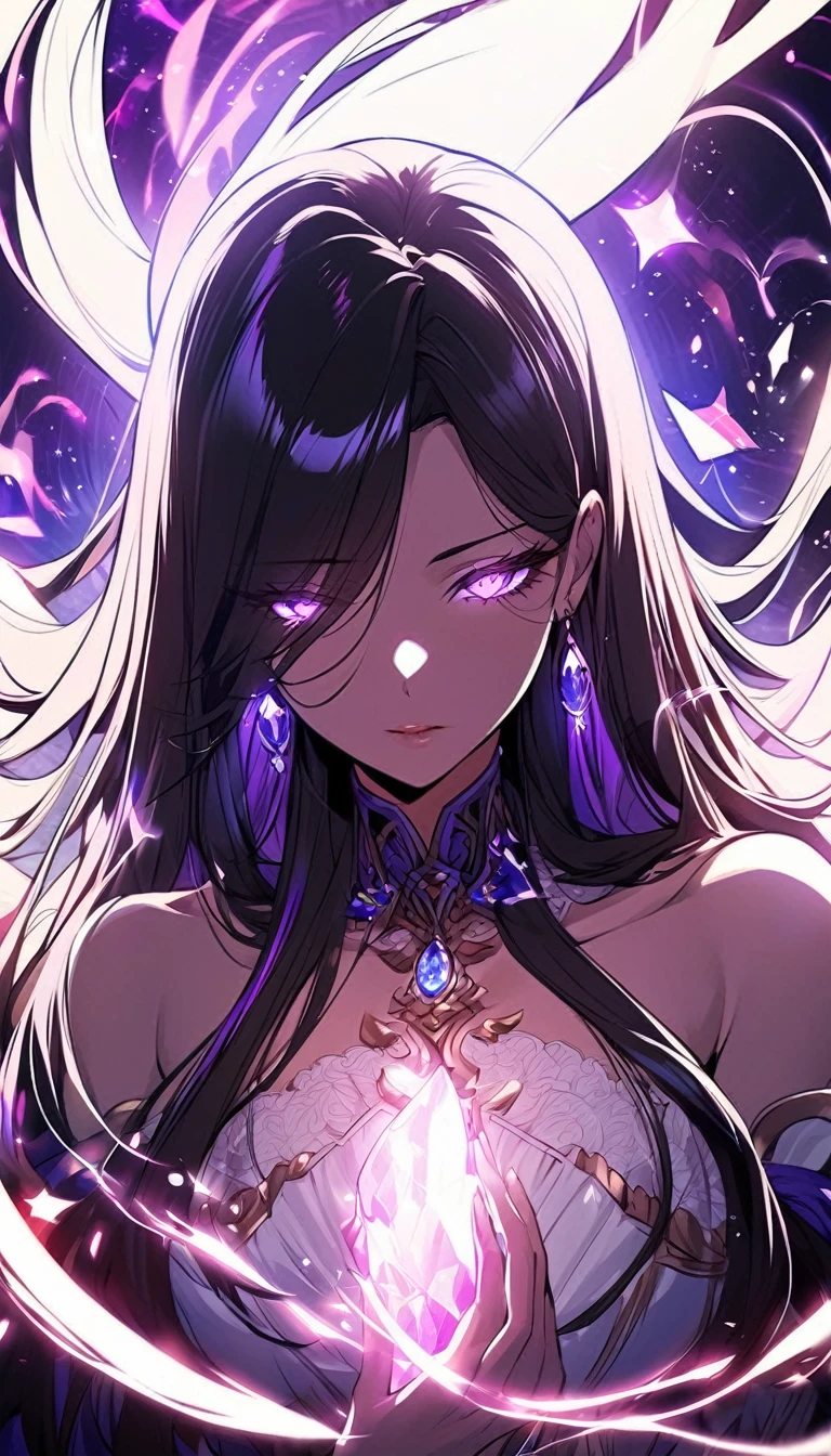 A close-up of a mysterious sorceress in manhwa style, with sharp, glowing eyes and long, dark hair flowing around her face. She has an enchanting, otherworldly beauty, and her skin glows softly as she holds a glowing crystal close to her chest, surrounded by swirling magical energy