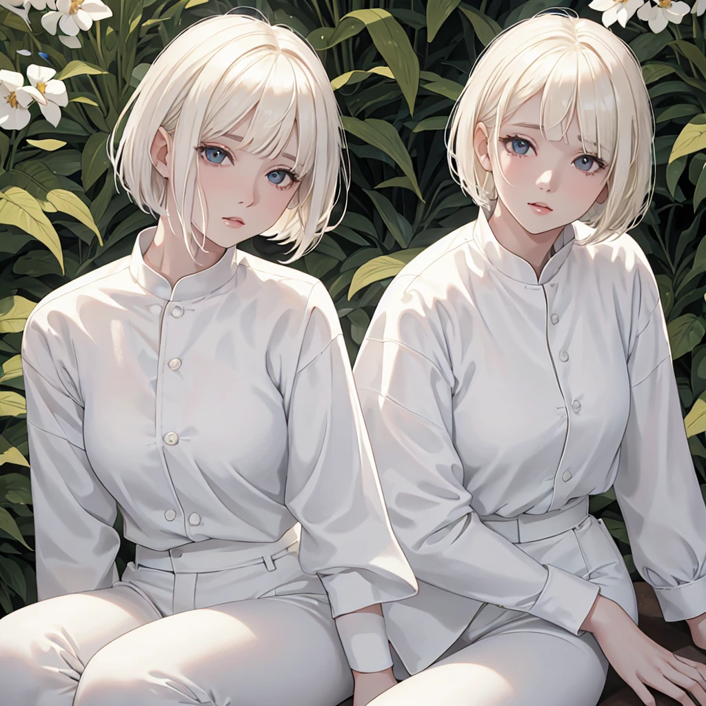 blonde woman in white shirt and white pants sitting on a white surface, white bangs, White hime cut hairstyle, with short hair, cabello whitebangs cabello, pale hair, Whitebangs, extremely pale blond hair, pale round face, a girl with blonde hair, heonhwa choe, Jinyoung Shin, Soft hair, Girl with white hair, with round face