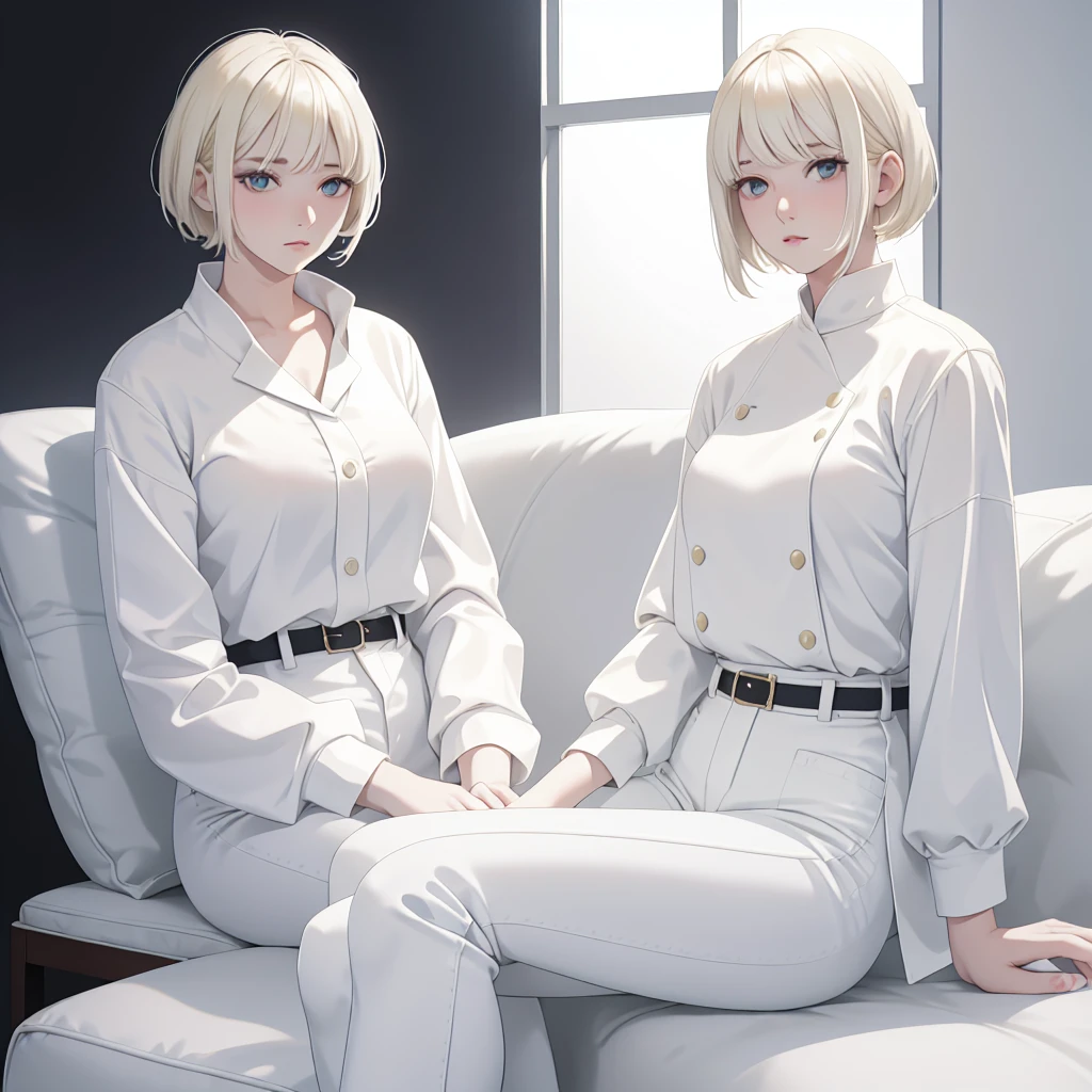 blonde woman in white shirt and white pants sitting on a white surface, white bangs, White hime cut hairstyle, with short hair, cabello whitebangs cabello, pale hair, Whitebangs, extremely pale blond hair, pale round face, a girl with blonde hair, heonhwa choe, Jinyoung Shin, Soft hair, Girl with white hair, with round face