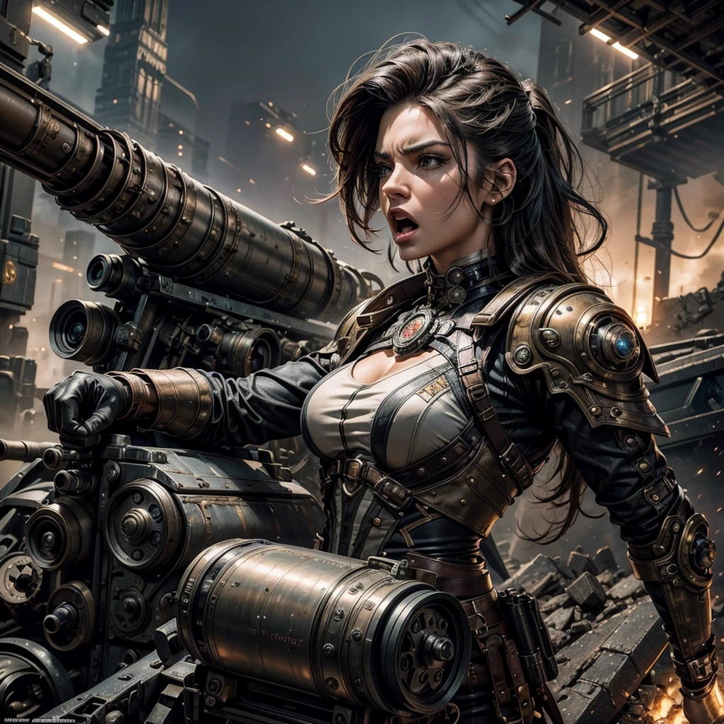A realistic and detailed image of a hot sexy woman in a steampunk futuristic military uniform in a battlefield, commanding soldiers and surreal creatures. Among the ranks of soldiers and mythological creatures, there also stand some cyborgs, with mechanical parts integrated into their bodies. Alongside the cyborgs, surreal fantasy creatures move gracefully, their shapes and features defying reality. On the woman's chest, the military insignia shines, a sign of her rank and authority