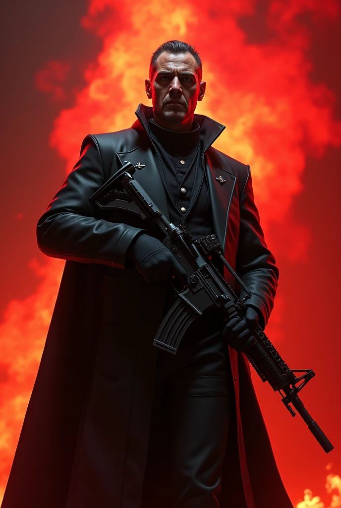 a male scp overlord, black tactical suit, red fire background, holding assault rifle, detailed face, intense expression, dynamic pose, 4k, high quality, masterpiece, hyper detailed, cinematic lighting, dramatic shadows, cinematic composition, photorealistic, unreal engine