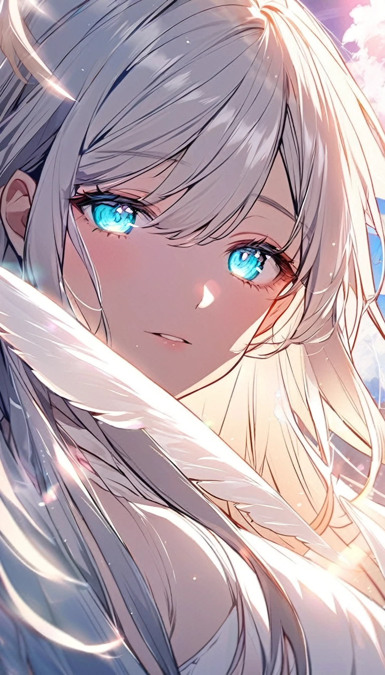 A close-up of a beautiful manhwa-style girl with soft, glowing angel wings behind her, her hair cascading around her face like silk. Her eyes are large and full of kindness, and a gentle light surrounds her, making her appear ethereal. The background features glowing clouds and a bright sky.