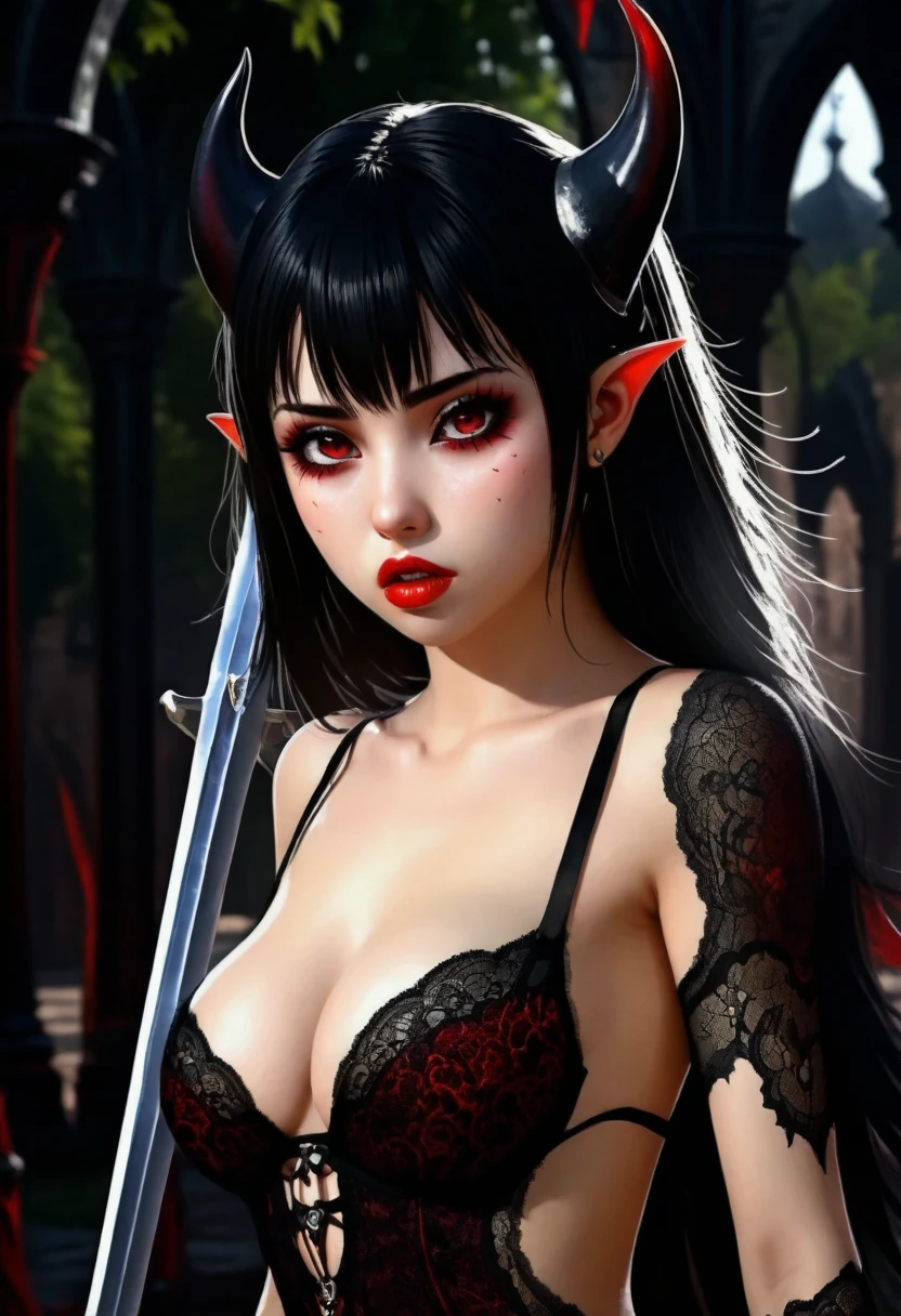 beautiful demonic girl in city park, holding huge sword, extremely hot and sexy, detailed eyes, lips, eyelashes, 1girl, digital painting, cinematic lighting, dramatic shadows, moody colors, dark fantasy, masterpiece, 8k, photorealistic