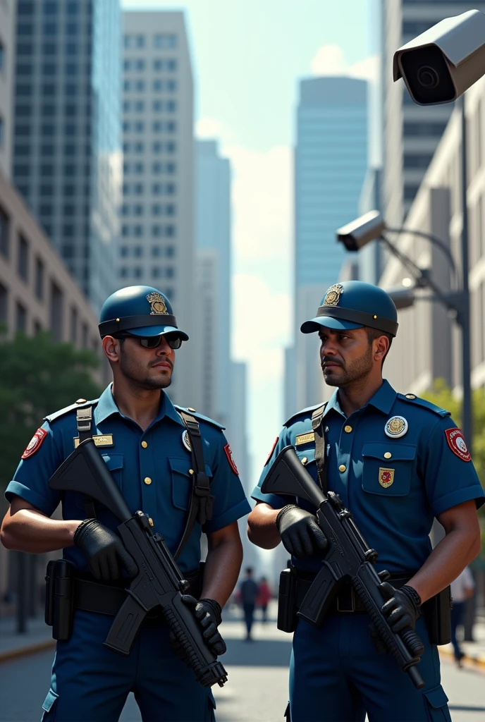 Two police officers in blue uniforms standing next to each other wearing glasses 
