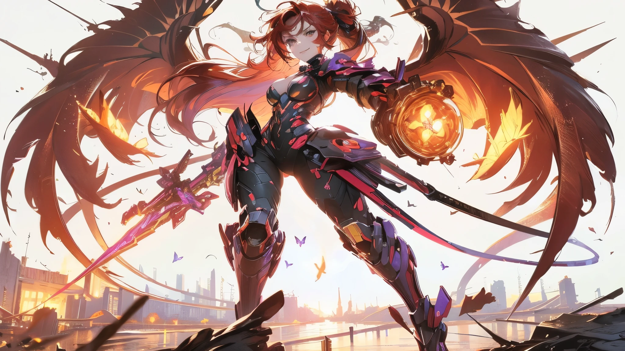  gorgeous woman,purple butterfly dark angel,red hair,cyberpunk hairstyles,confident smile,ultra-detailed,sharp focus, [purple gold and dark  neon butterfly armor colors], cyberpunk lighting, butterfly wings,neon lights, cityscape,smoky atmosphere,  tattoos, wings, garden, roses, night 