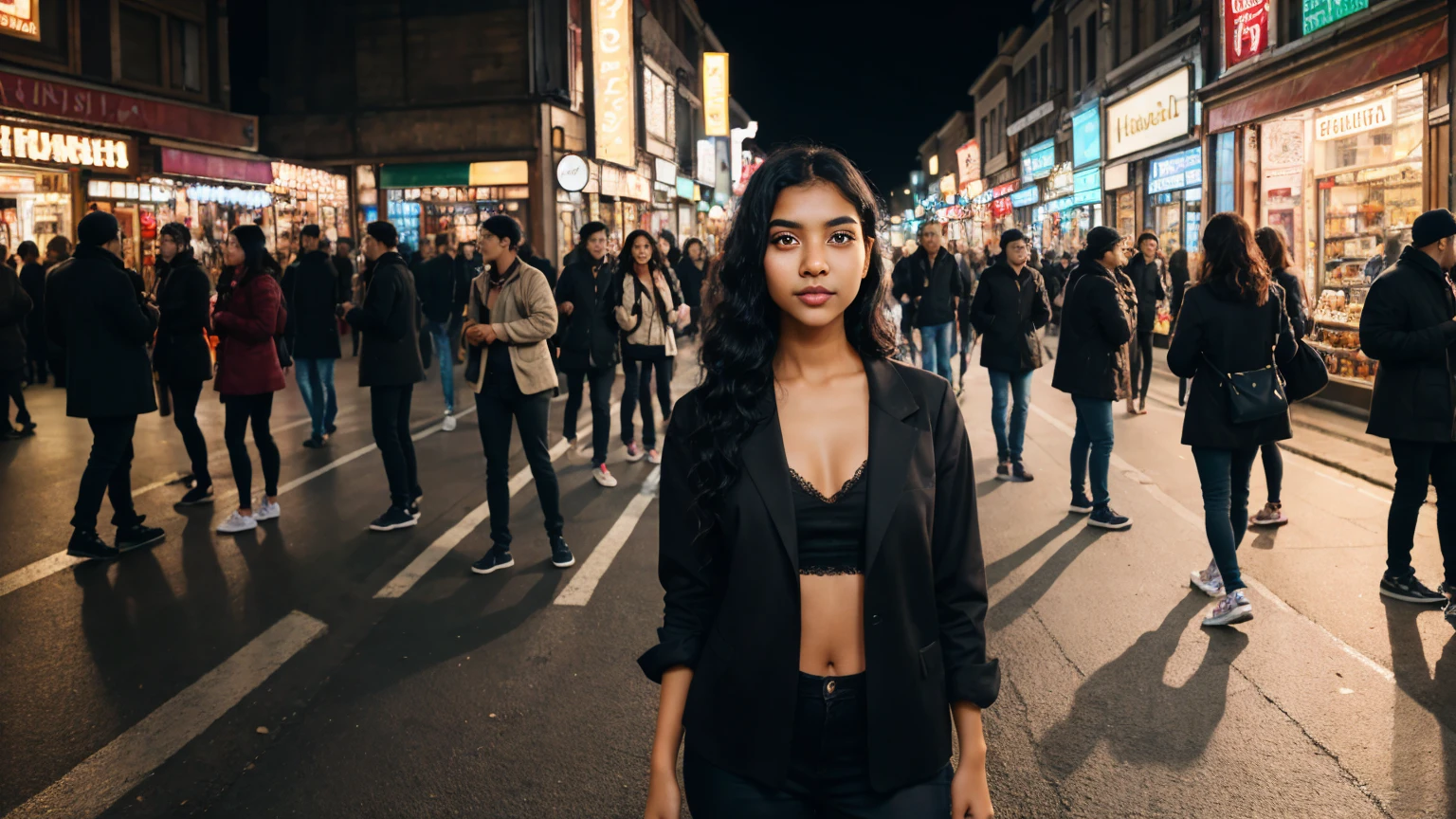 A 2 Indian girl with fair skin, medium-length black curly hair, almond-shaped eyes, and full lips. She is standing on a crowded street at night, dressed in modern wear, with a small bindi on her forehead. The street is illuminated by bright lights from shops and passing vehicles, creating a vibrant and lively atmosphere.