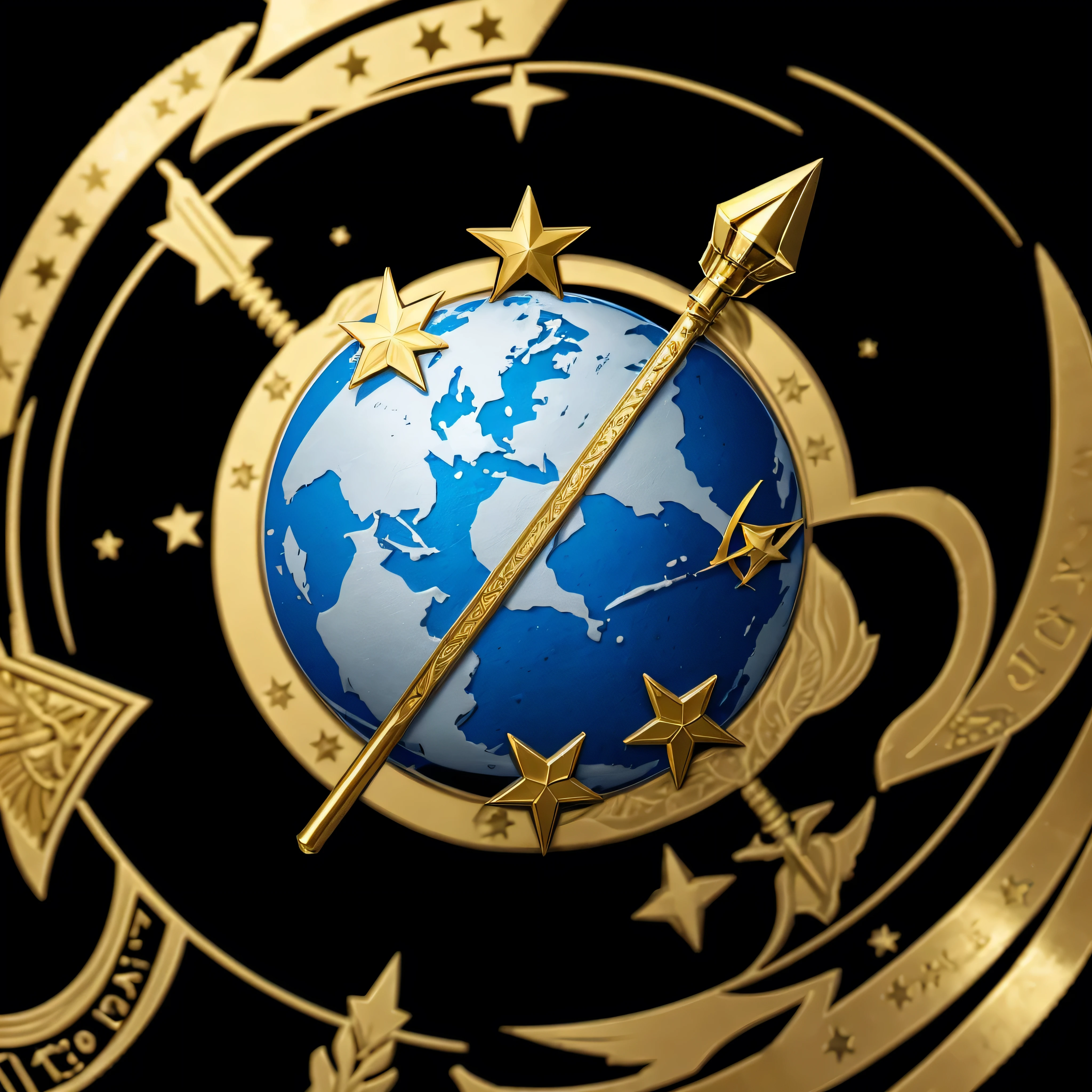 military emblem, Earth globe with gold spear stiking diagonally and 2 stars on top, 2 stars on bottom. made for he Free Terran Republic